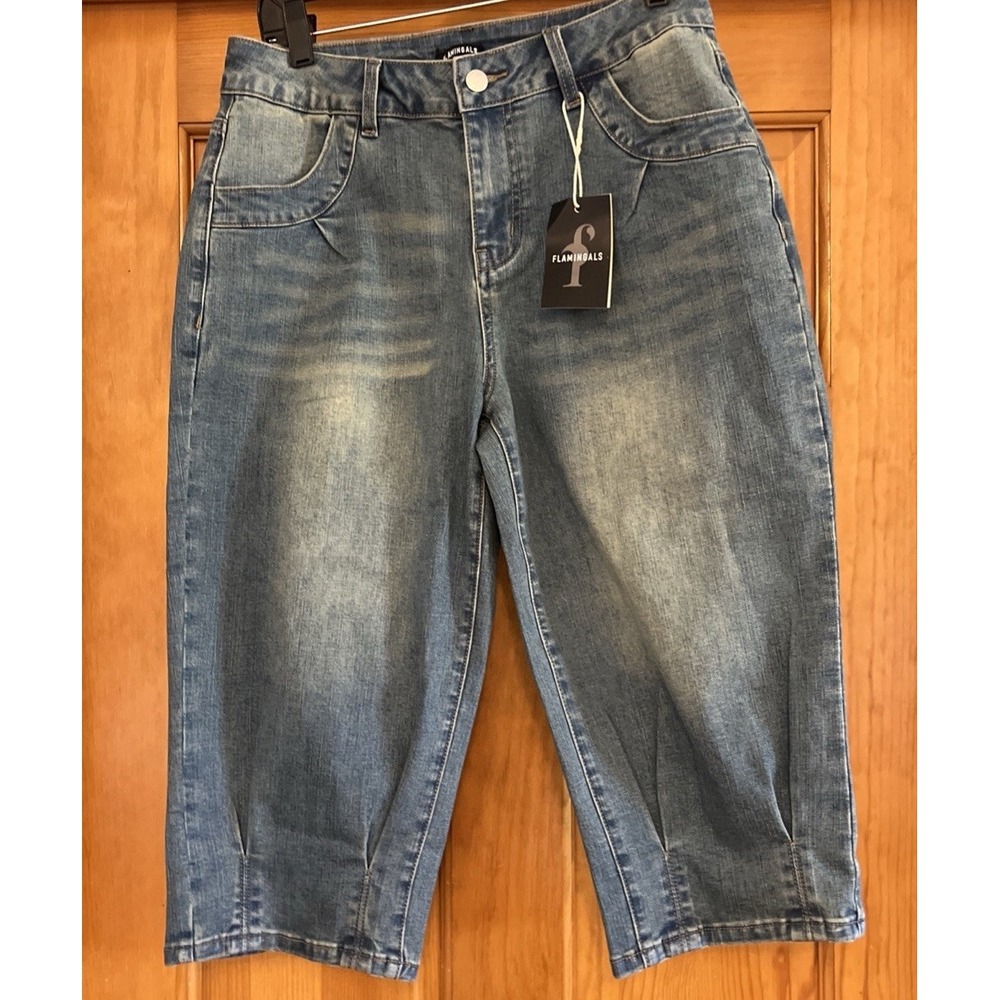 Flamingals Women's Blue Medium Wash Denim Capri Jeans High Rise Relaxed XL